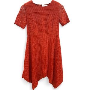 St. John Vibrant red asymmetry midi Lace Dress